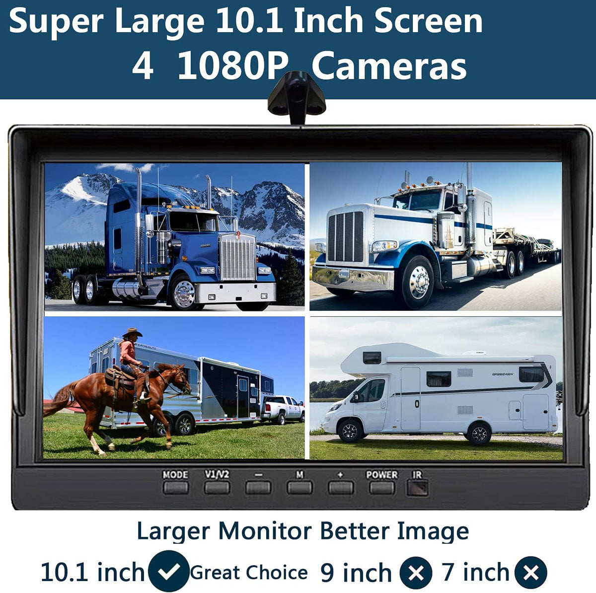 10.1 inch 1080P Backup Camera Monitor with 128GB DVR Waterproof 4 Split Screen L114