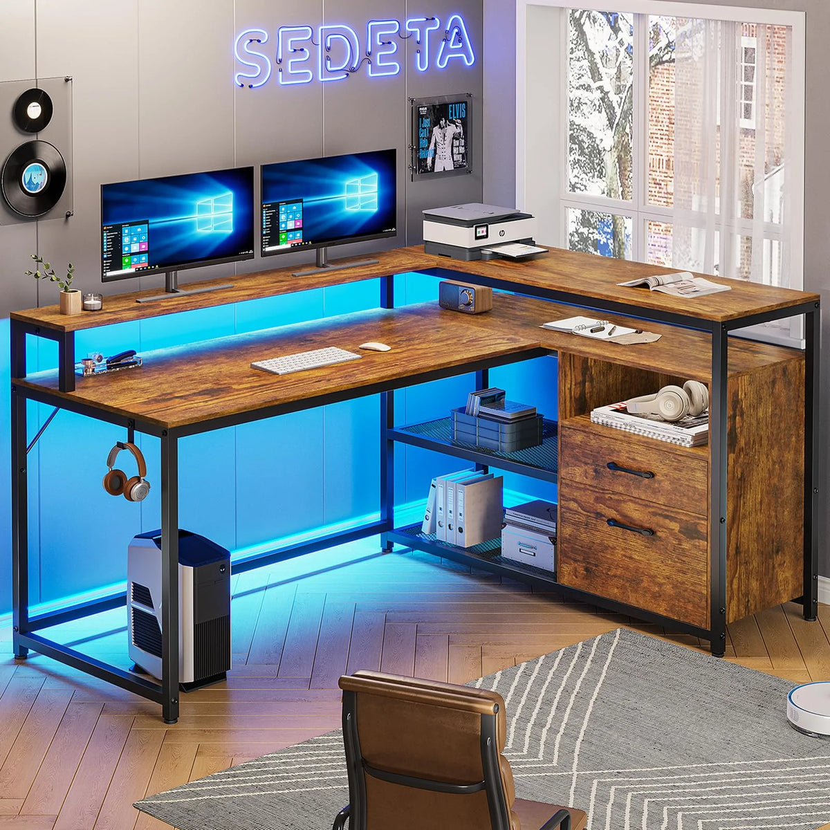 Brown L Shaped Computer Desk with LED Lights and 2 Drawers Q97173