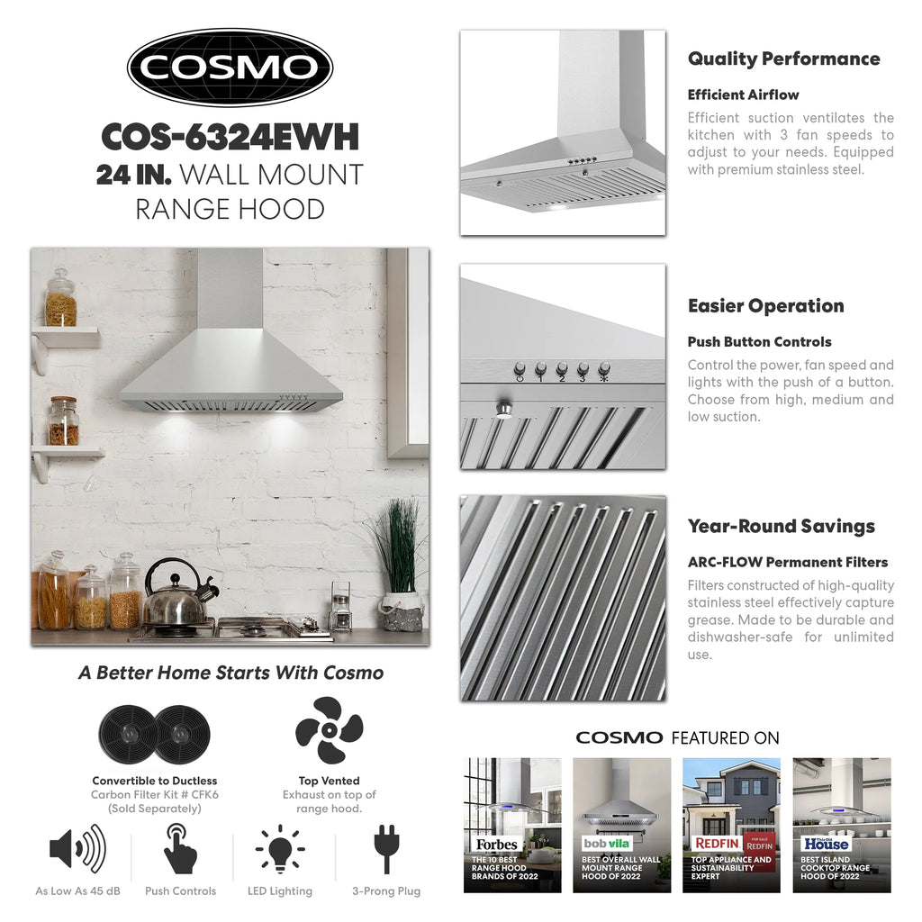 24 in. Ducted Wall Mount Range Hood in Stainless Steel with LED Lighting and Permanent Filters U476