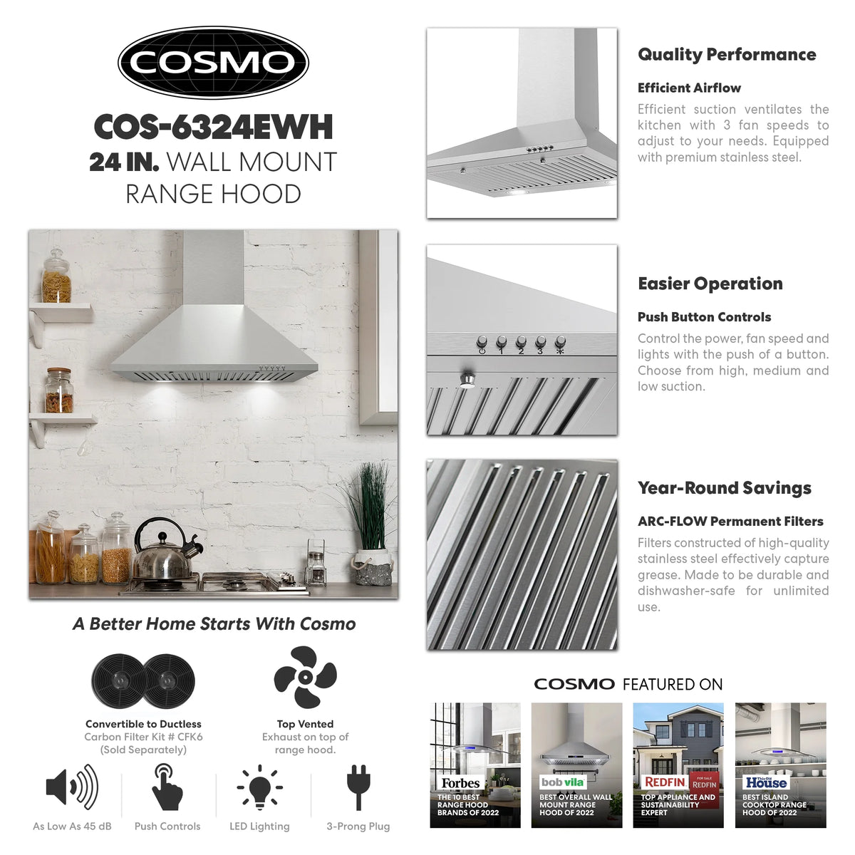 24 in. Ducted Wall Mount Range Hood in Stainless Steel with LED Lighting and Permanent Filters U476