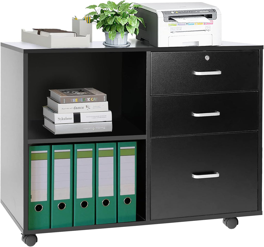 Black 3-Drawer Mobile Lateral Filing Cabinet with Rolling Lock E624