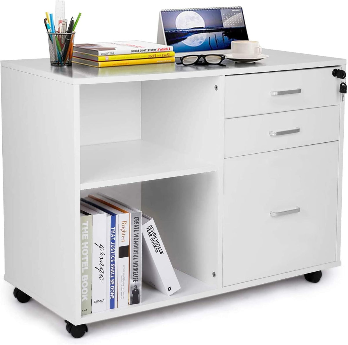 Black 3-Drawer Mobile Lateral Filing Cabinet with Rolling Lock E624