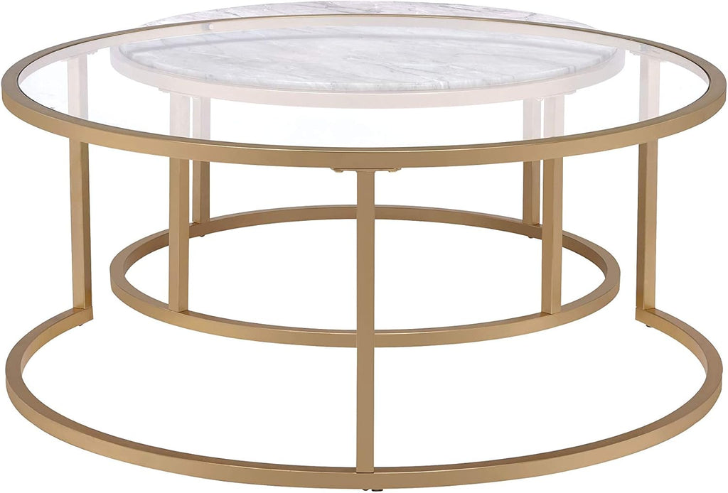 Modern Nesting Coffee Table Set of 2, Faux Marble & Clear Glass Top, Metal Frame, Gold Finish R400833