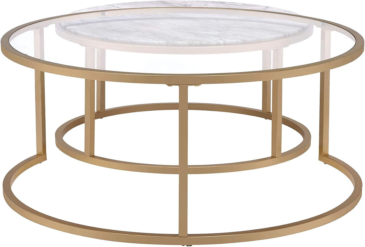 Modern Nesting Coffee Table Set of 2, Faux Marble & Clear Glass Top, Metal Frame, Gold Finish R400833