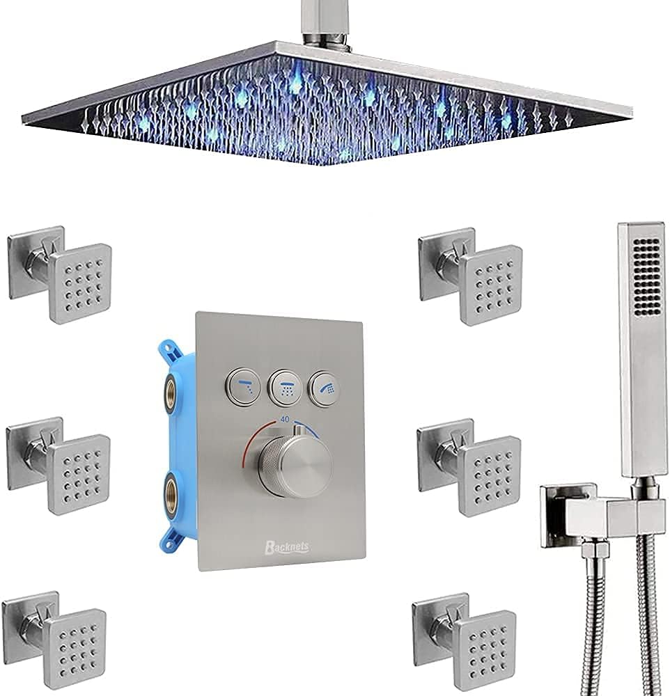 12 Inch Matte Black LED Rainfall Shower System with Body Jets U425