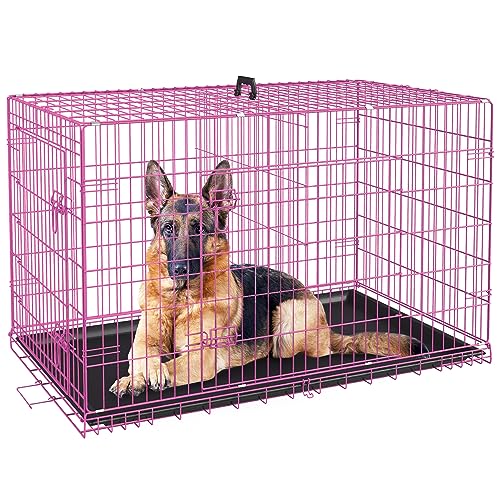 Large Foldable Metal Wire Dog Crate with Double-Door Tray B3626