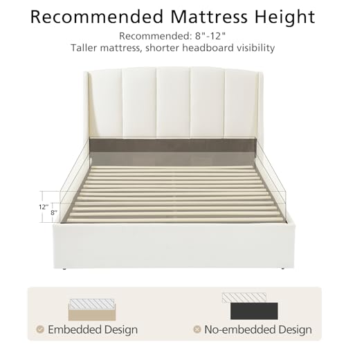 White Queen Size Lift-Up Storage Upholstered Platform Bed with Wingback Headboard V954