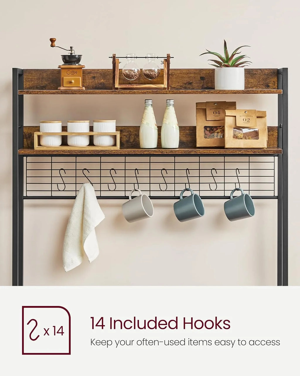 Rustic Brown and Black Kitchen Storage Shelf with Power Outlet B278