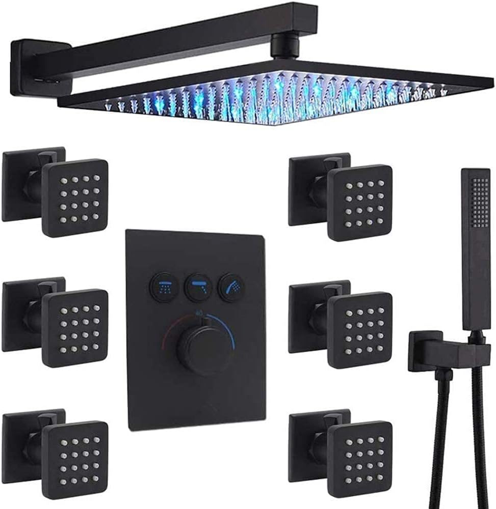 12 Inch Matte Black LED Rainfall Shower System with Body Jets U425