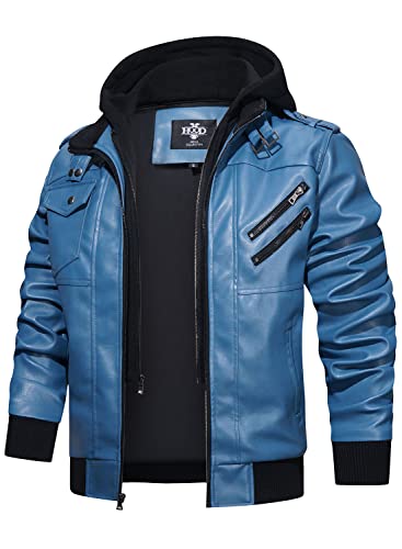 Stand Collar Faux Leather Zip-Up Bomber Jacket with Removable Hood P8827