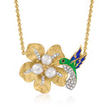 Cultured Pearl and Diamond Hummingbird and Flower Necklace With Enamel in 18kt Gold Over Sterling A332180