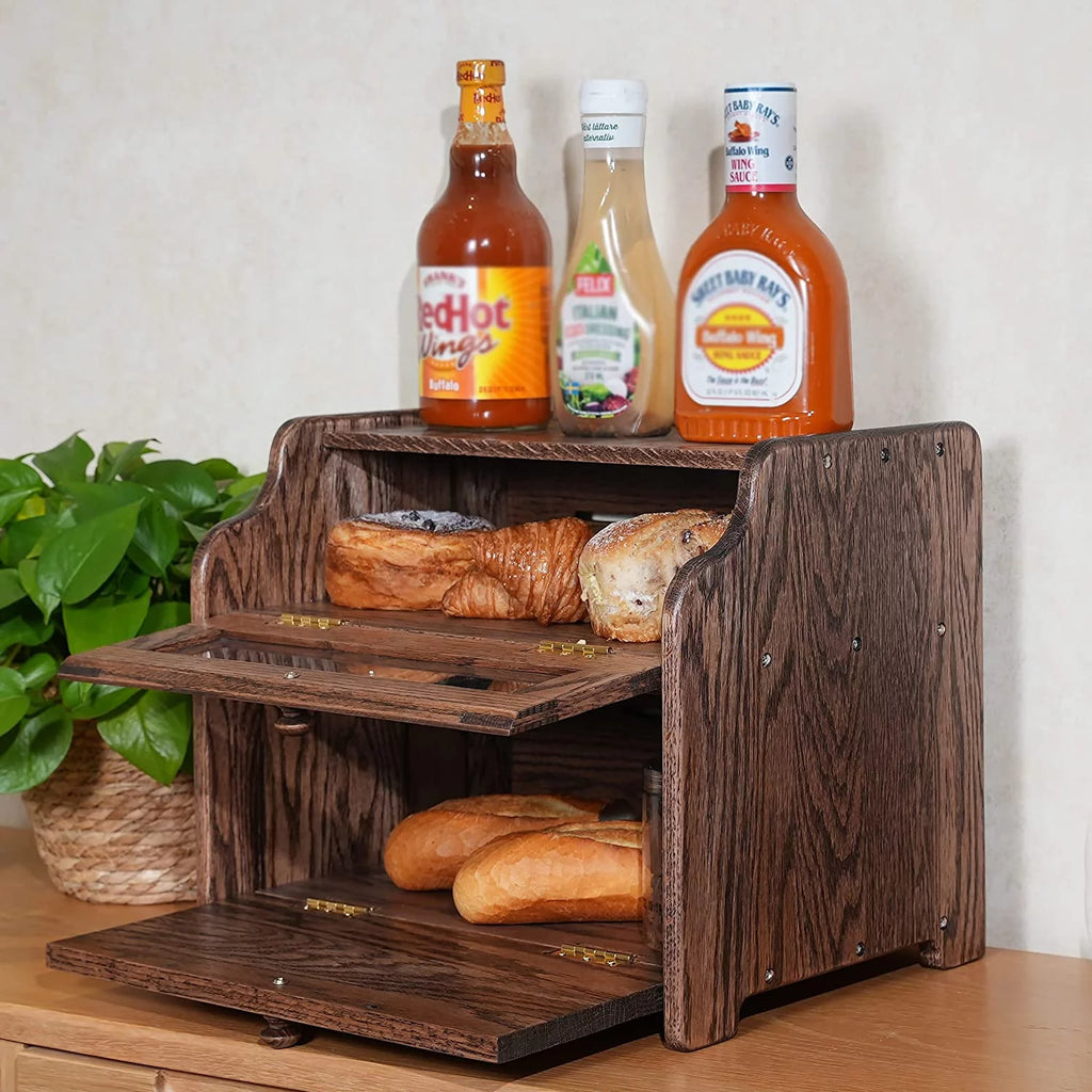 Solid Wood Oak Bread Box with Clear Window Z5099