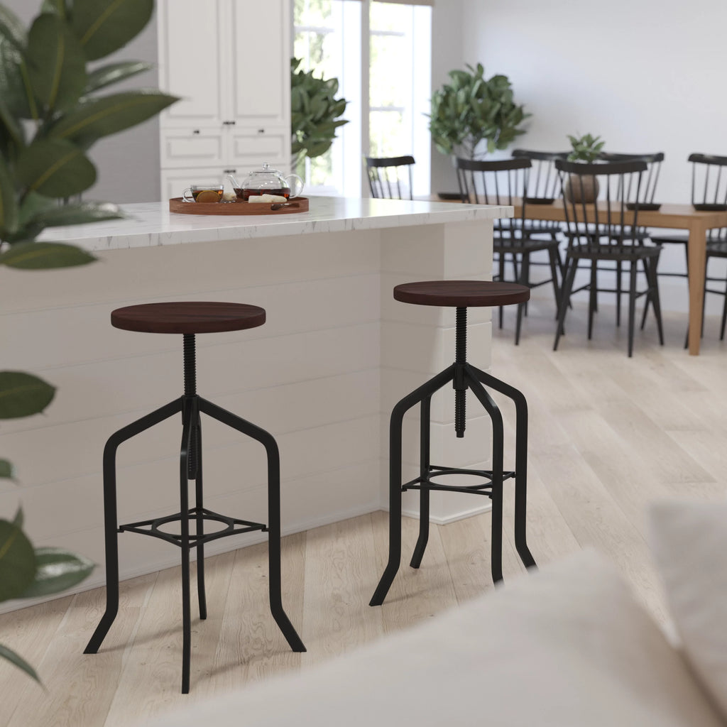 30 Inch Black Metal and Wood Adjustable Height Swivel Bar Stool C8620