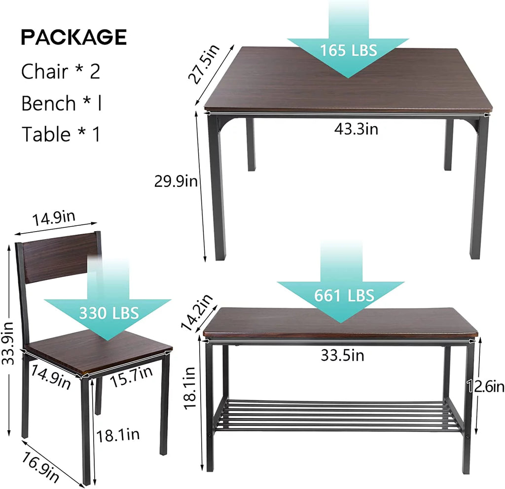 4 Person Dining Table Set with 2 Chairs and 1 Bench T10988
