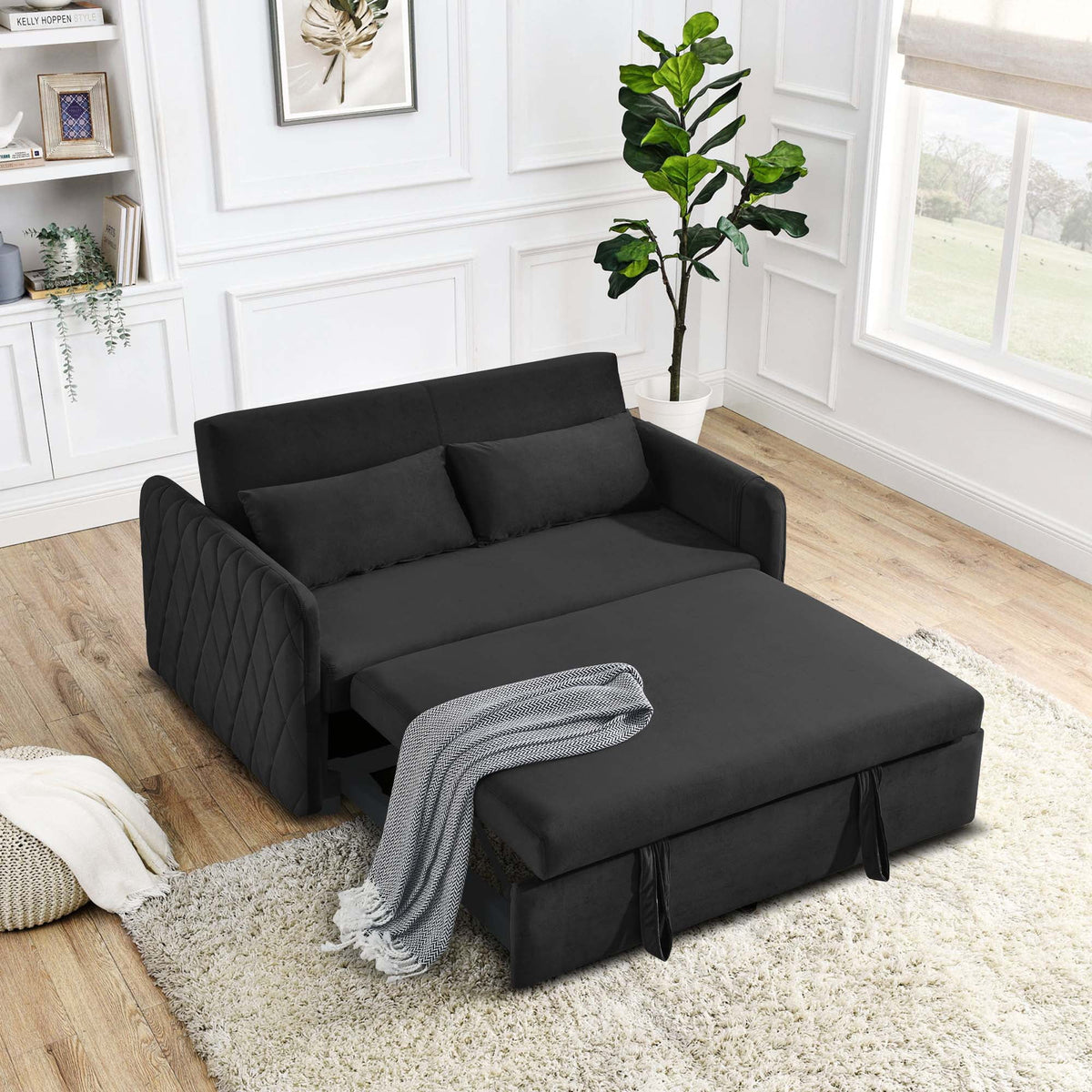 Black Pull Out Loveseat Sofa Bed with 2 Detachable Arm Pockets L7582