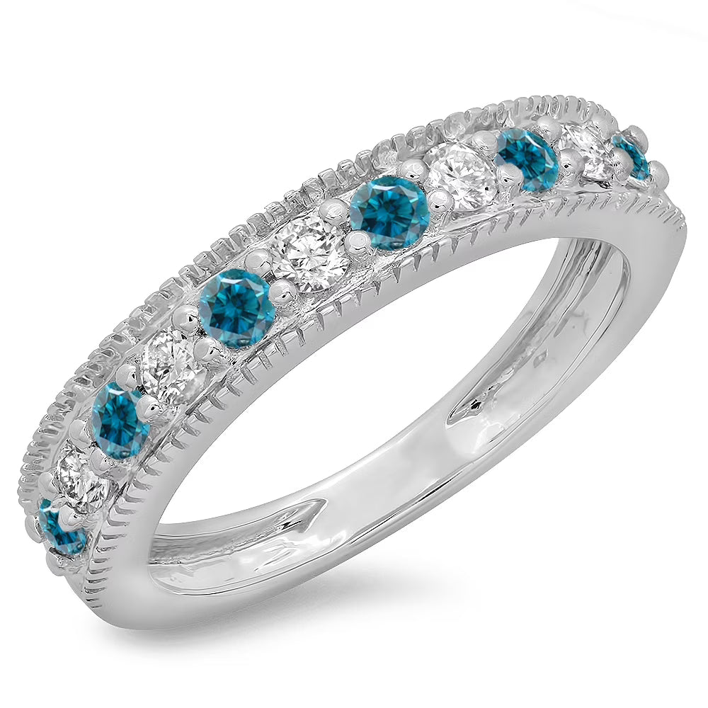 18K White Gold Round Cut Blue & White Diamond Stackable Band L1922