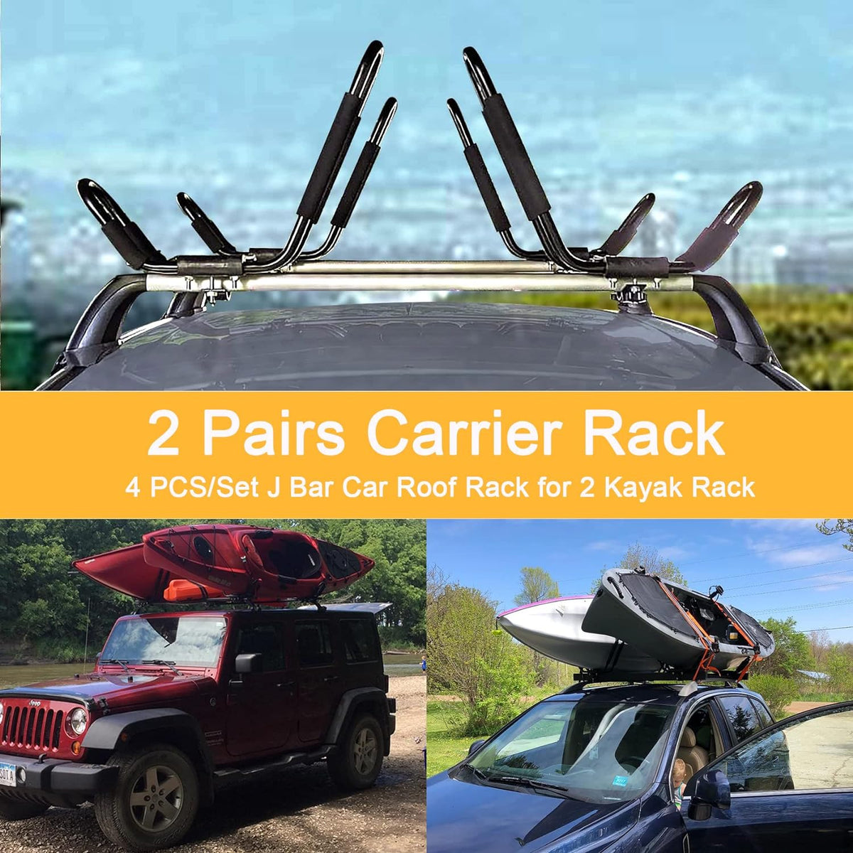 Kayak Roof Rack J-Bar Carrier Holder, Set of 4 Pack of 2 A381014