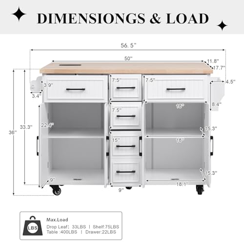 56.5'' White Kitchen Island with Drop Leaf X25371