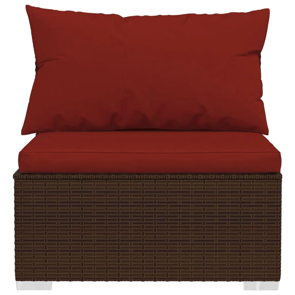 6 Piece Poly Rattan Brown Outdoor Sectional Sofa Set with Red Cushions F892