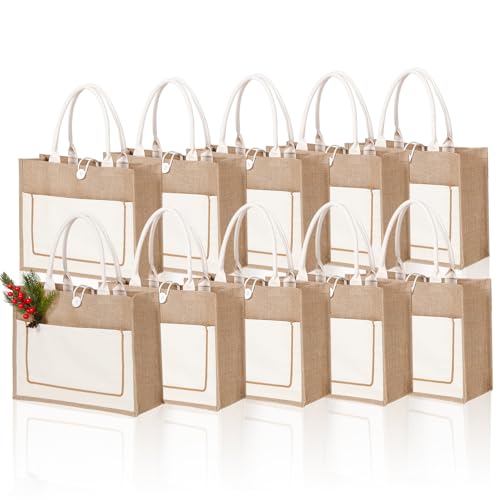 10 Pack Reusable Jute Canvas Tote Bags with Handles I536394