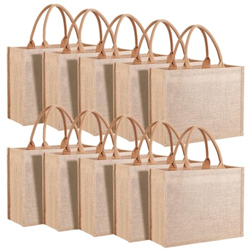 10 Pack Reusable Jute Canvas Tote Bags with Handles I536394
