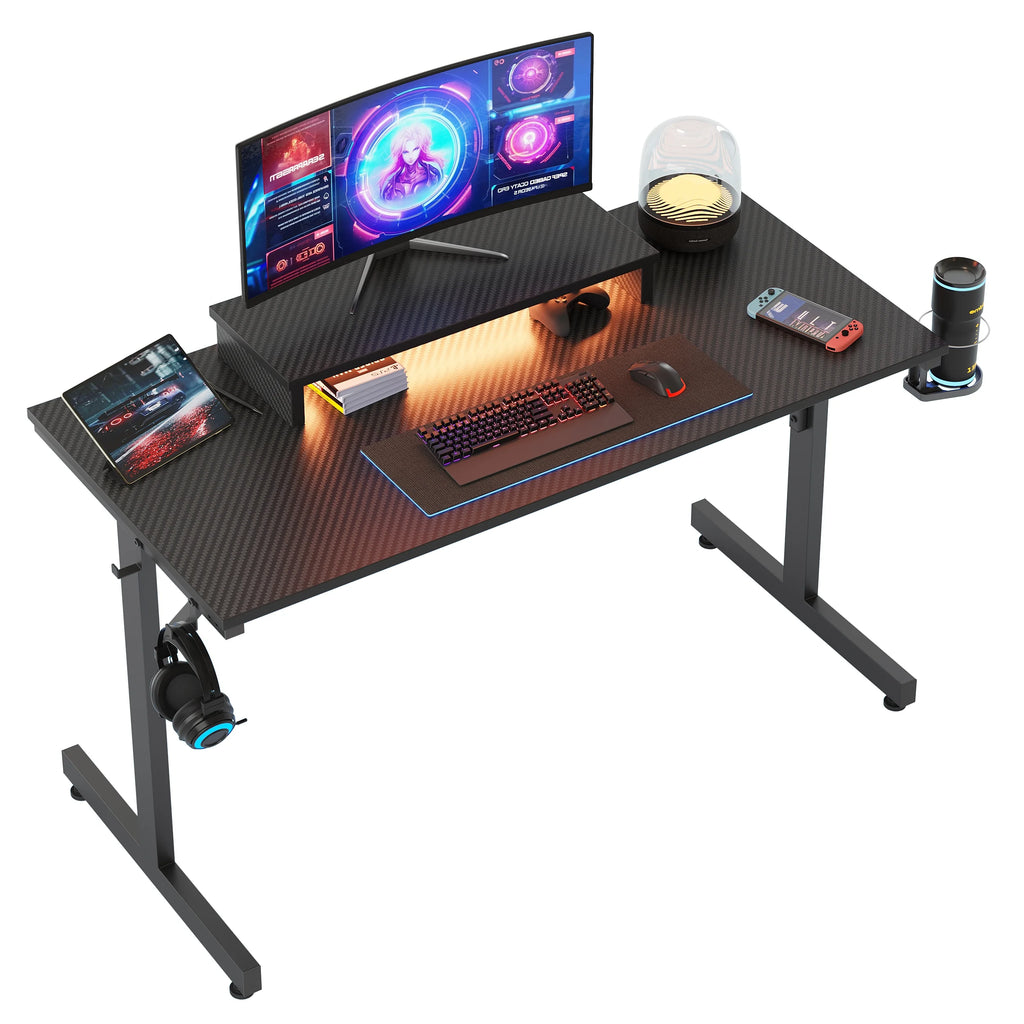 42" Gaming Desk with LED Lights, Monitor Stand, Headphone Hook, Cup Holder in Carbon Fiber Black E879