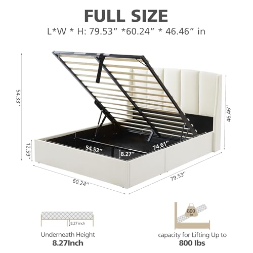 White Queen Size Lift-Up Storage Upholstered Platform Bed with Wingback Headboard V954