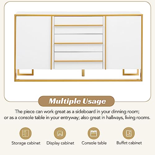 White and Gold Buffet Table with 3 Drawers 2 Doors D293