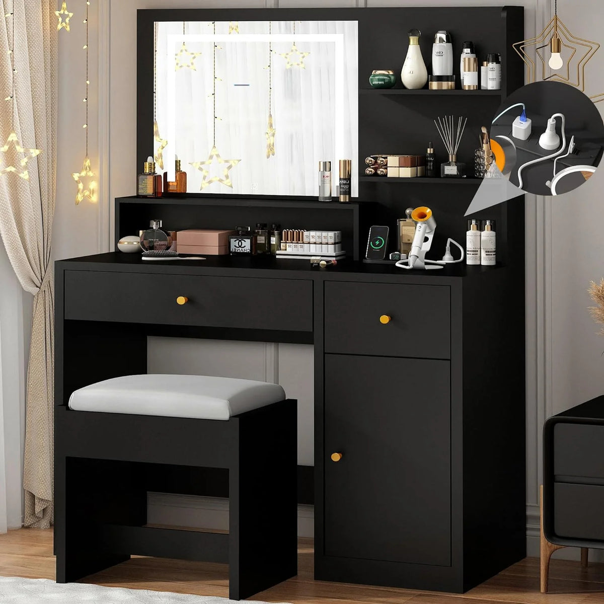 Black Vanity Desk Set with LED Light Mirror and Stool Z899965