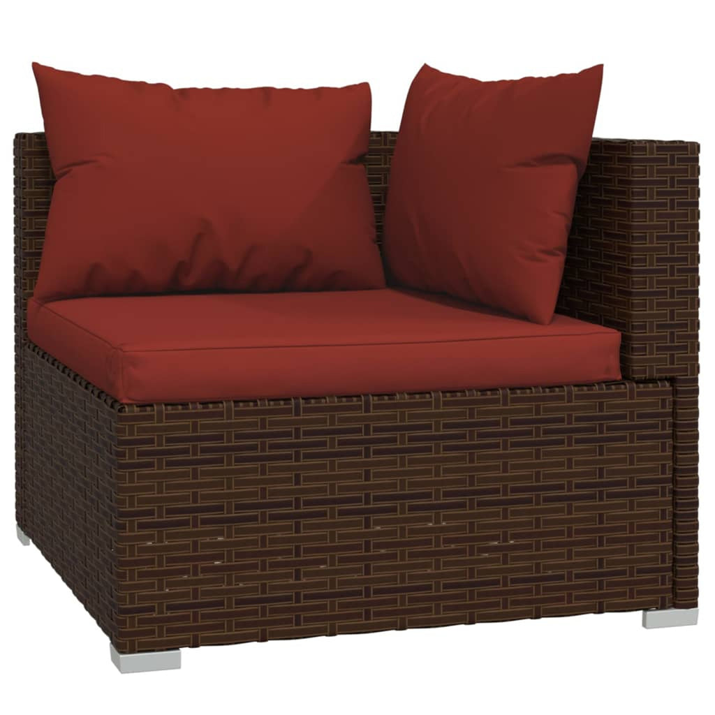 6 Piece Poly Rattan Brown Outdoor Sectional Sofa Set with Red Cushions F892