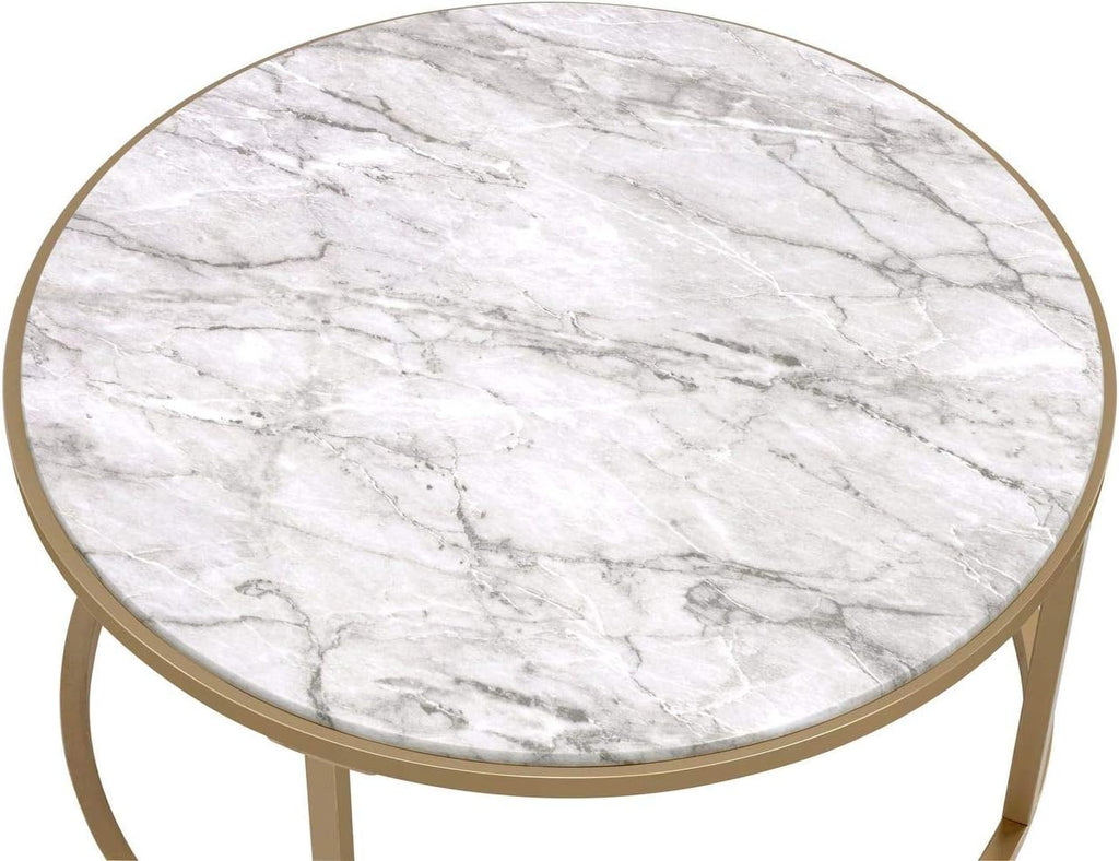 Modern Nesting Coffee Table Set of 2, Faux Marble & Clear Glass Top, Metal Frame, Gold Finish R400833