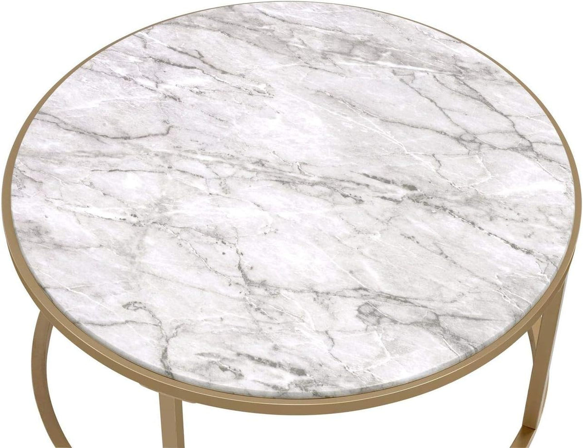 Modern Nesting Coffee Table Set of 2, Faux Marble & Clear Glass Top, Metal Frame, Gold Finish R400833