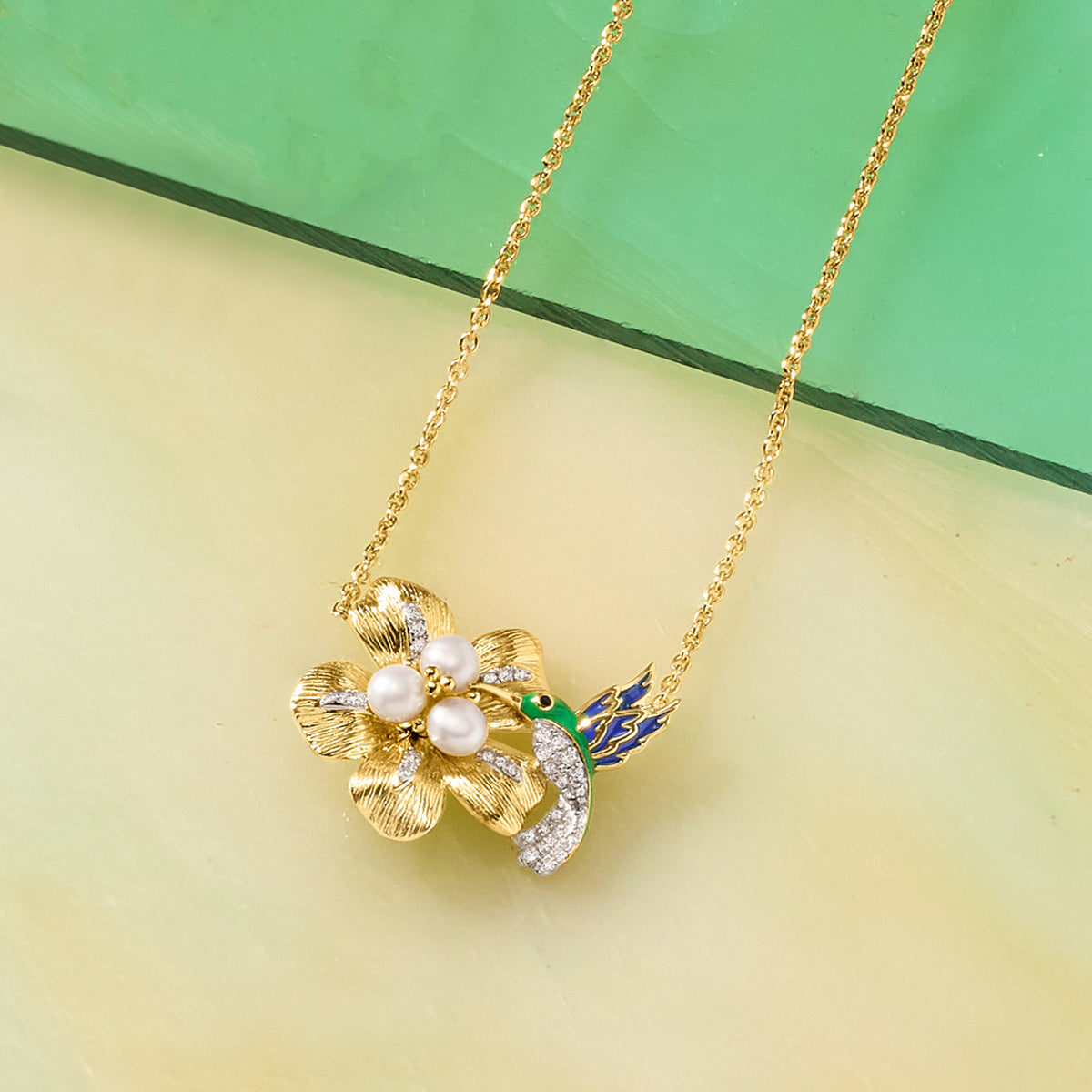 Cultured Pearl and Diamond Hummingbird and Flower Necklace With Enamel in 18kt Gold Over Sterling A332180