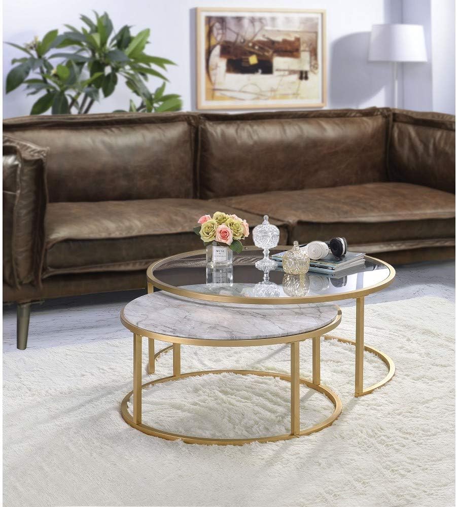 Modern Nesting Coffee Table Set of 2, Faux Marble & Clear Glass Top, Metal Frame, Gold Finish R400833