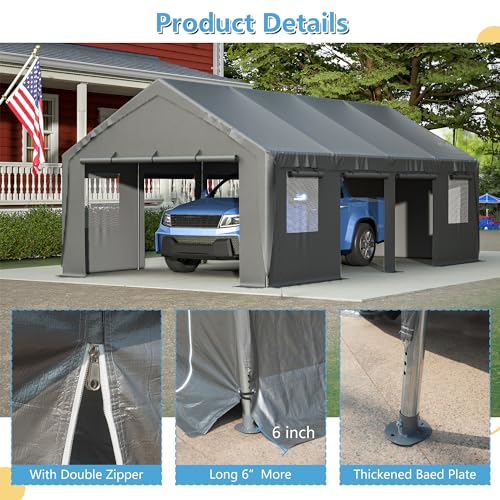Carport 20x12ft Portable Garage with Roll-up Ventilated Windows & Removable Sidewalls F248