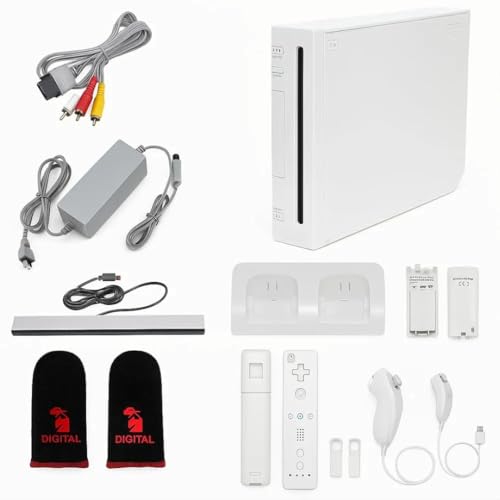 White Wii Console with 2 Remotes, 2 Nunchucks, Dual Dock Stand, Sensor Bar, AV Cable and 2 Gaming Sleeves O5848