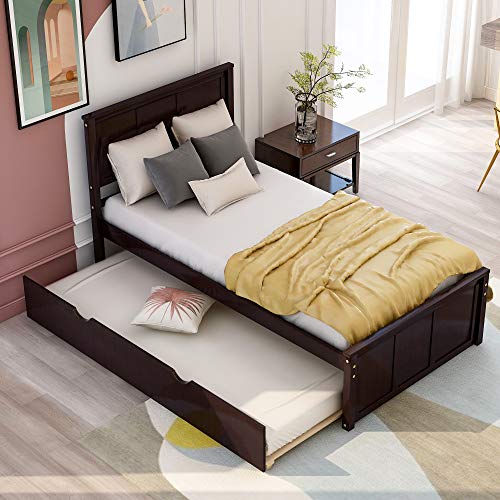 Twin Espresso Wood Low Platform Bed Frame with Headboard and Footboards A25756