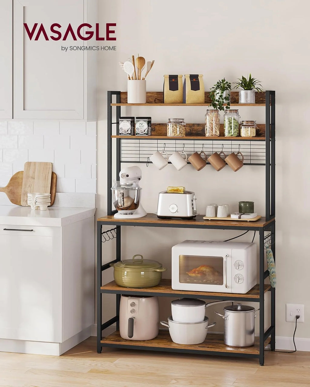 Rustic Brown and Black Kitchen Storage Shelf with Power Outlet B278