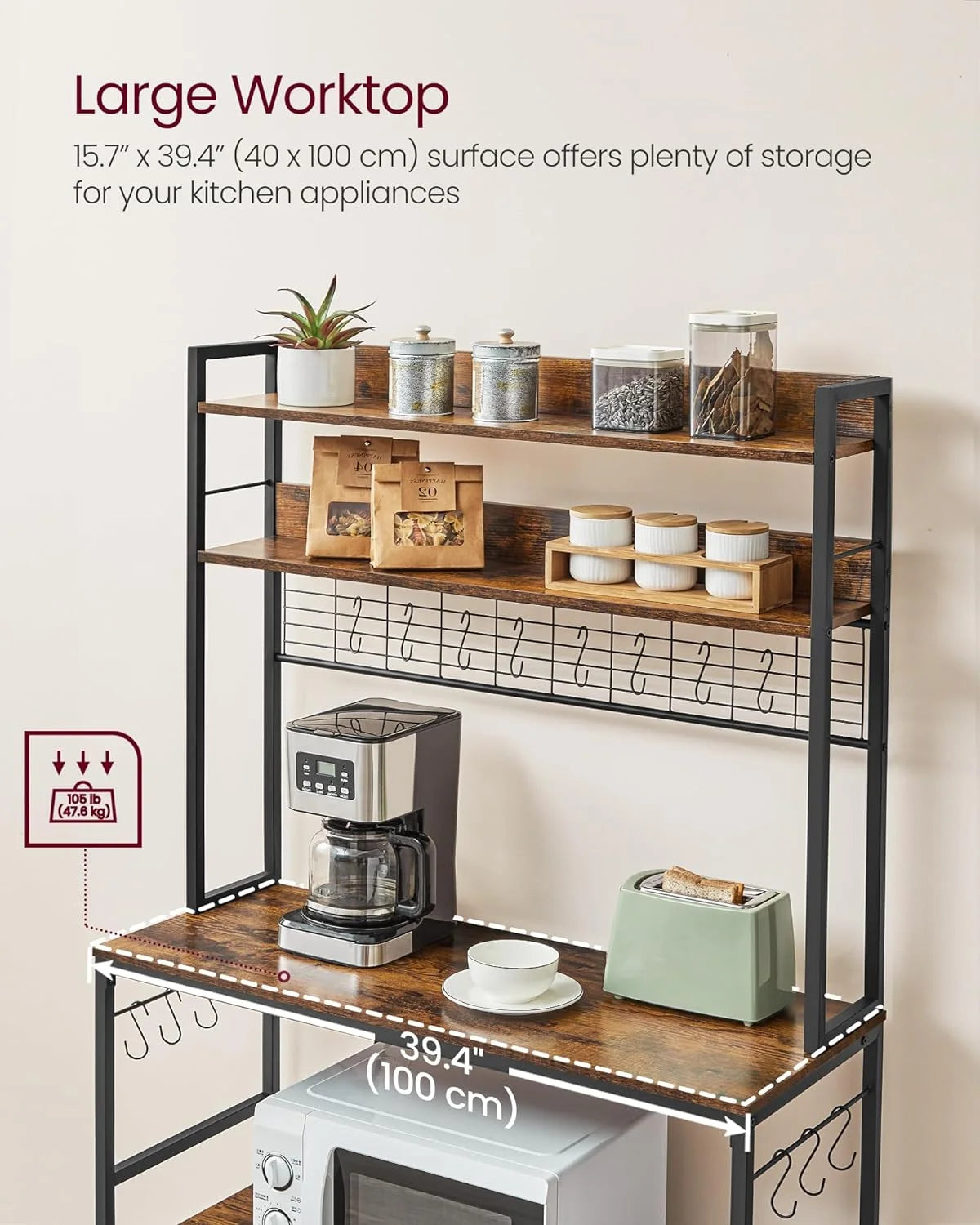 Rustic Brown and Black Kitchen Storage Shelf with Power Outlet B278