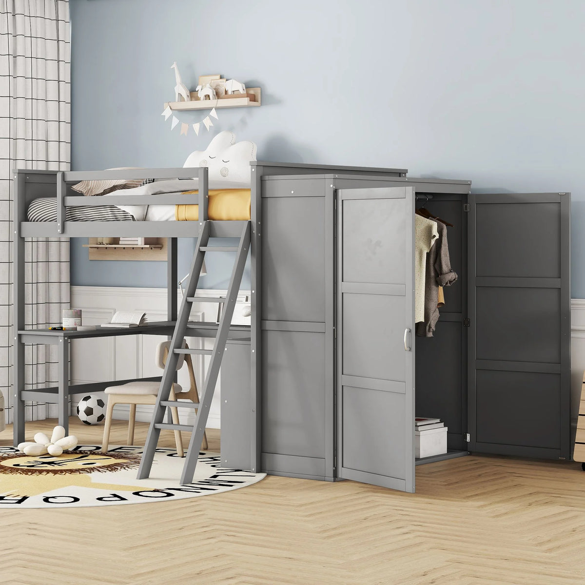 High Loft Bed with Under-bed Desk Shelves and Wardrobe Wooden Frame with Ladder P102