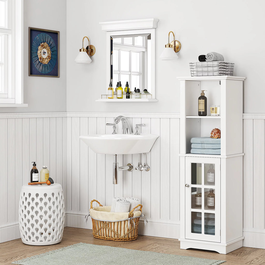 White Tall Narrow Storage Cabinet with Glass Doors E6706