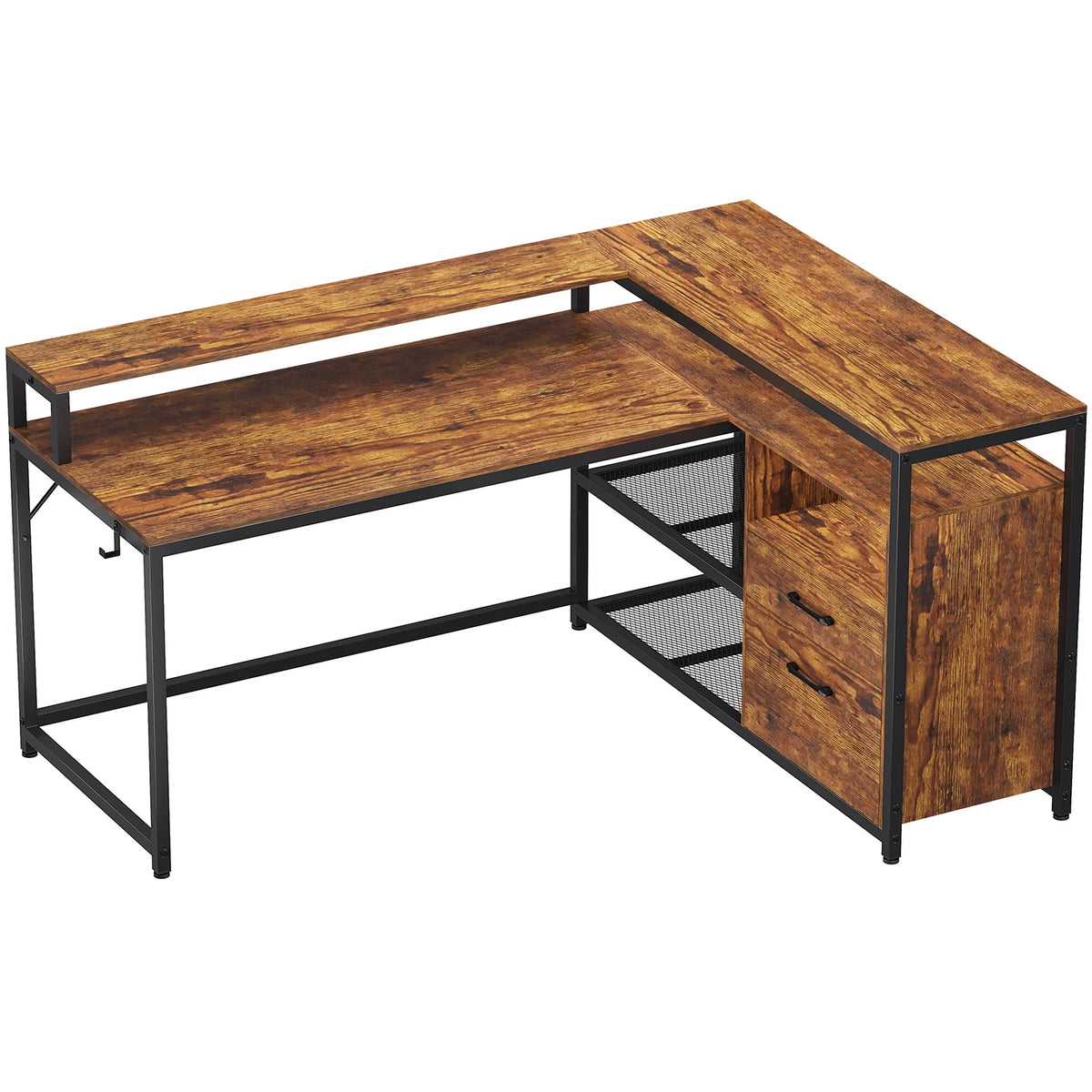 Brown L Shaped Computer Desk with LED Lights and 2 Drawers Q97173