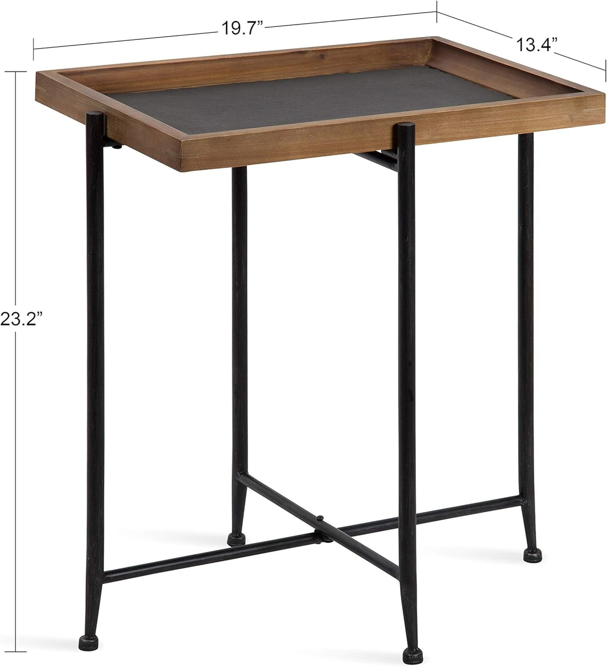 Rustic Brown Wood and Slate Side Accent Table with Black Iron Metal Base L9400