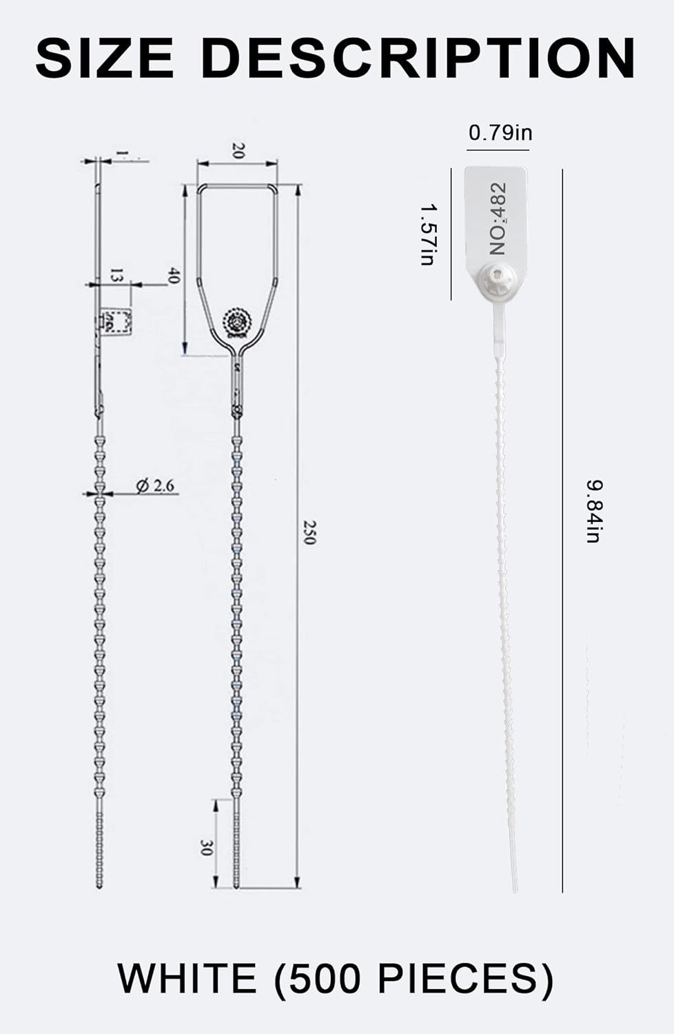 Plastic Security Seals Tamper Tags Disposable Numbered 9.84" Length White Pack of 500 O458985