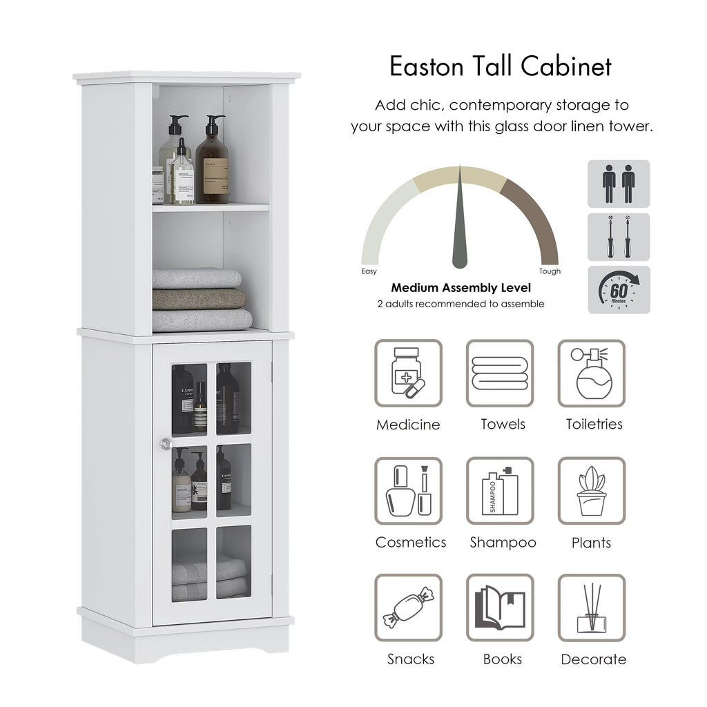 White Tall Narrow Storage Cabinet with Glass Doors E6706