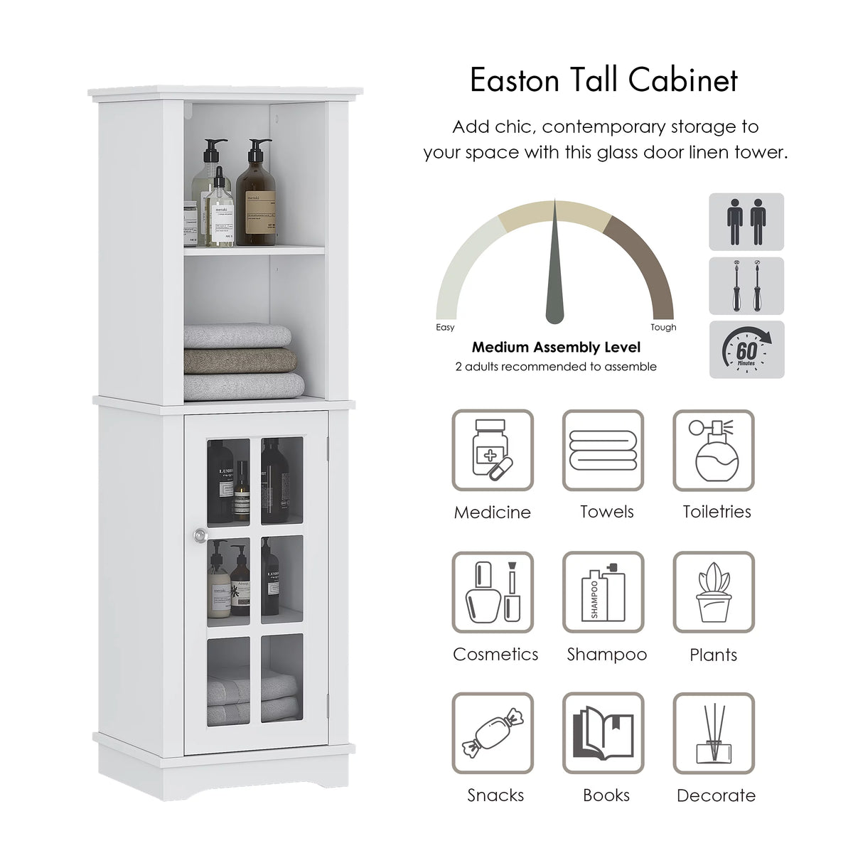 White Tall Narrow Storage Cabinet with Glass Doors E6706