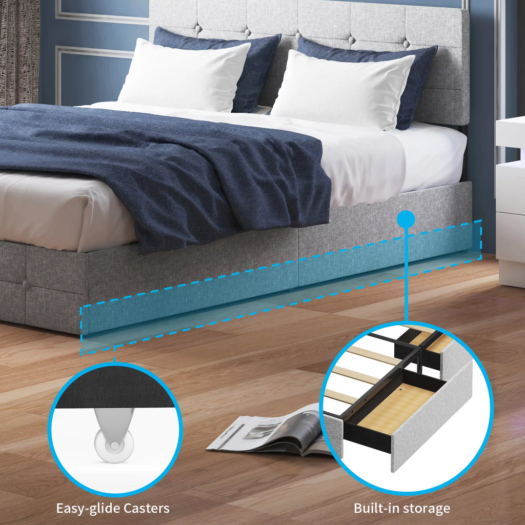 Black Linen Fabric Full Storage Bed Frame with Upholstered Headboard H5234