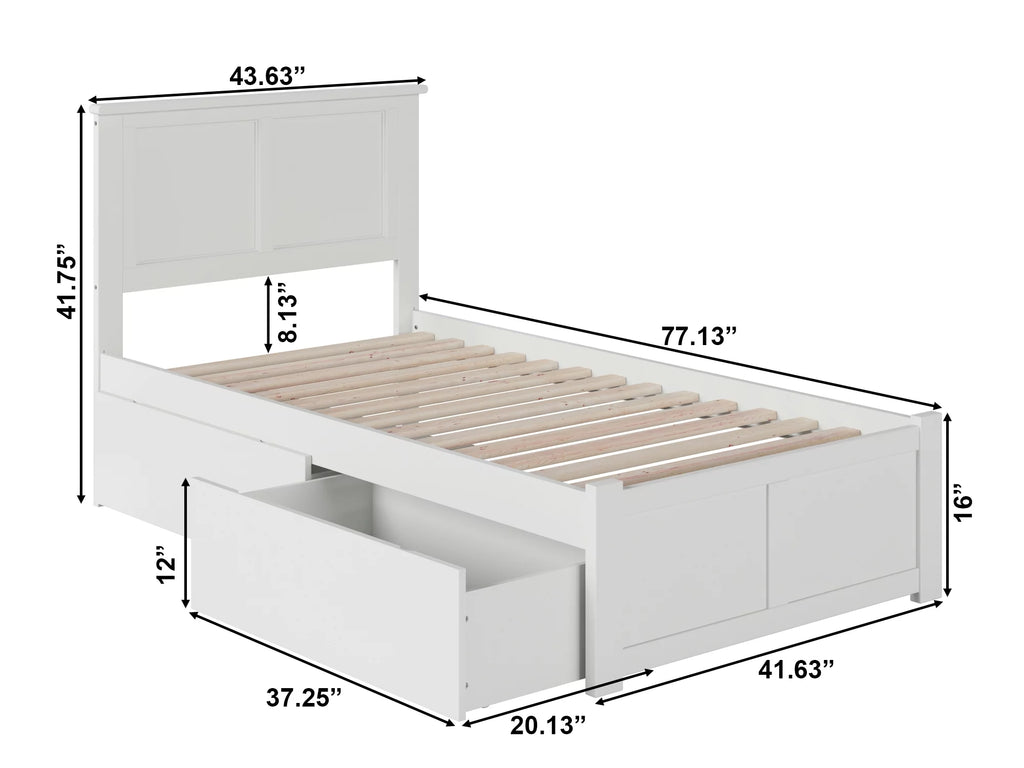 Twin Solid Wood Platform Bed with Footboard & 2 Storage Drawers in White T618