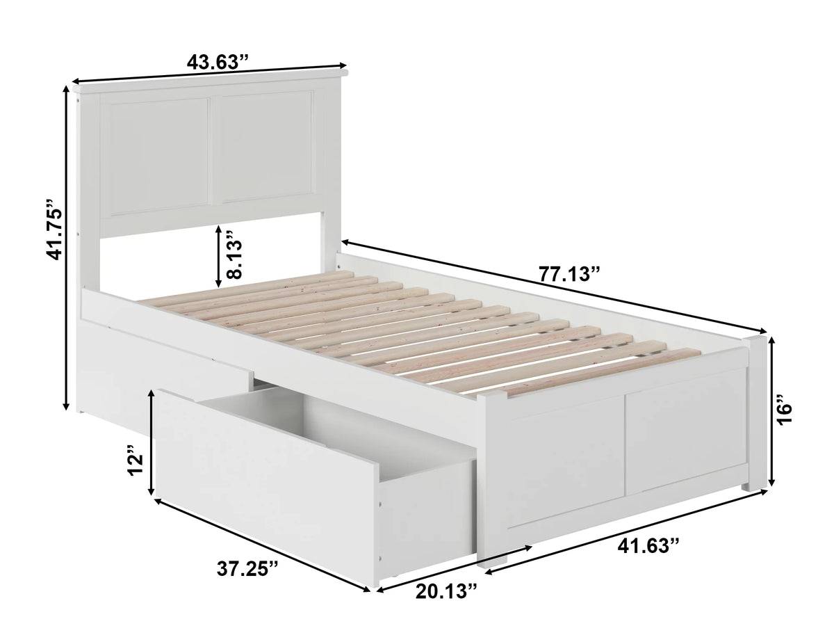 Twin Solid Wood Platform Bed with Footboard & 2 Storage Drawers in White T618