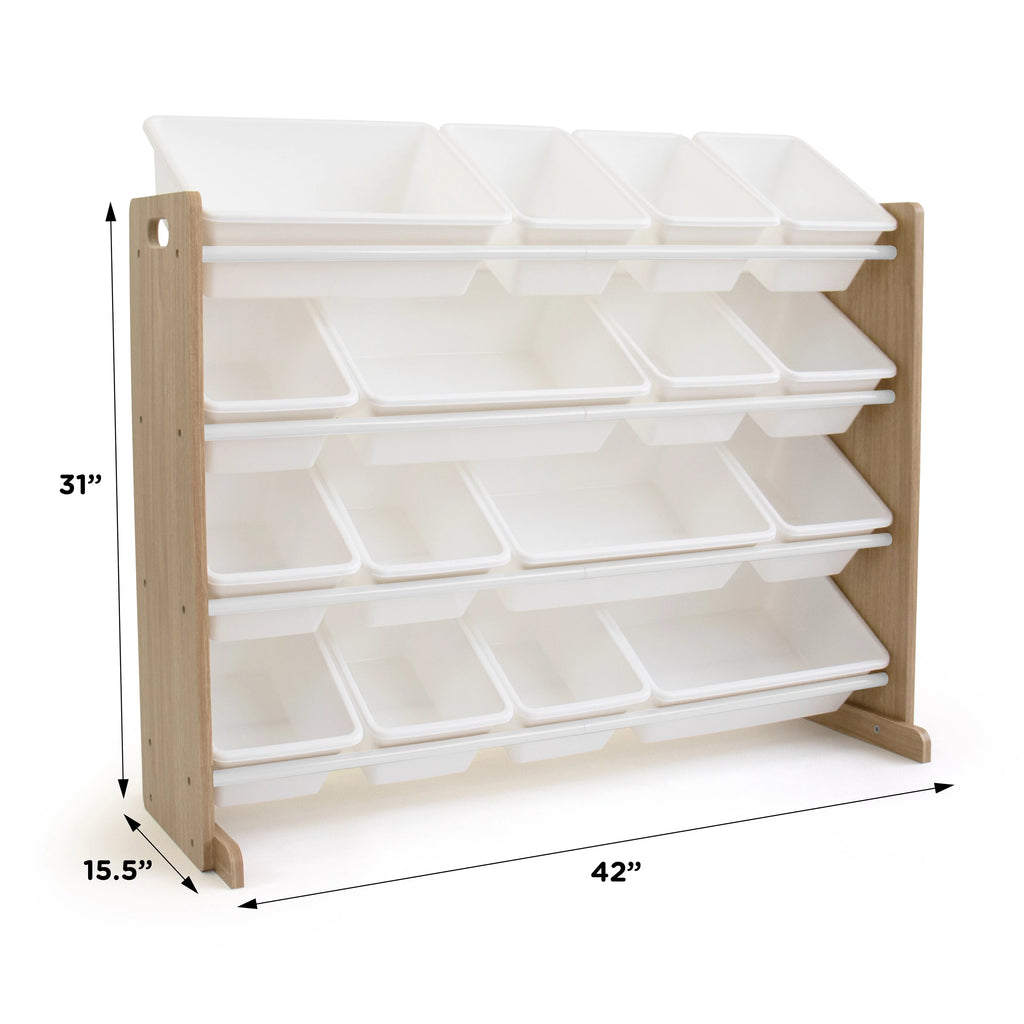 Kids Wood Toy Storage Organizer with 16 White Plastic Bins V394